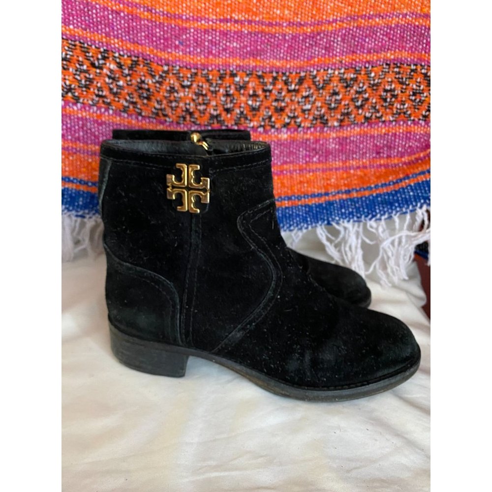 Tory Burch black suede booties gold logo emblem sz 7.5